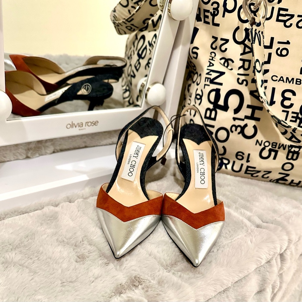 Jimmy Choo Silver, brown, and denim heels